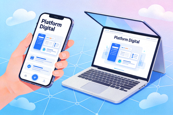 Ilustrasi perangkat mobile dan desktop mengakses platform digital